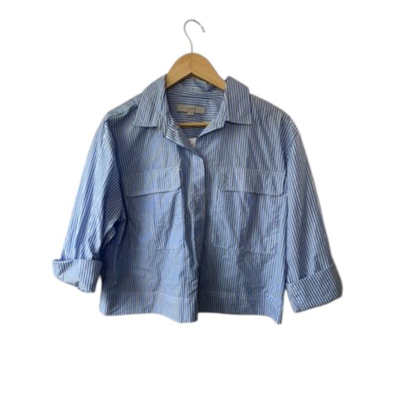 Ann Taylor LOFT Blue & White Stripe Long Sleeve Button Up Shirt Pockets M New - Picture 2 of 5
